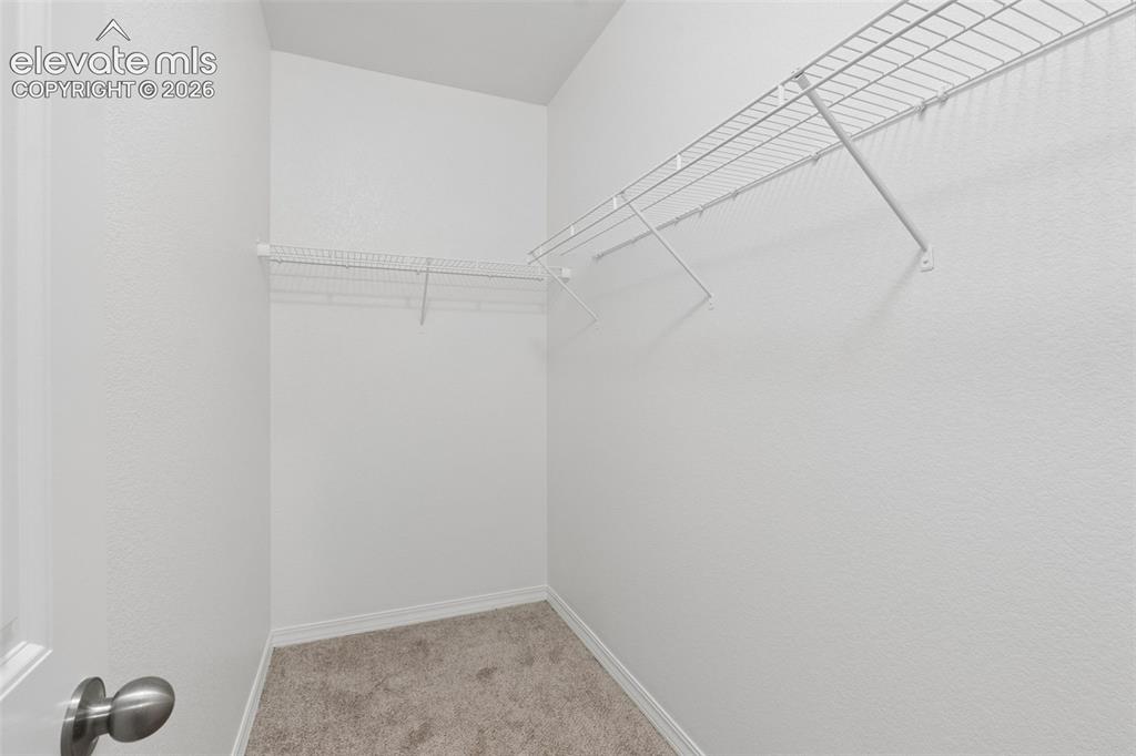 Image 37 of 46: Walk-in closet with wire shelving system and carpet flooring in Bedroom #4