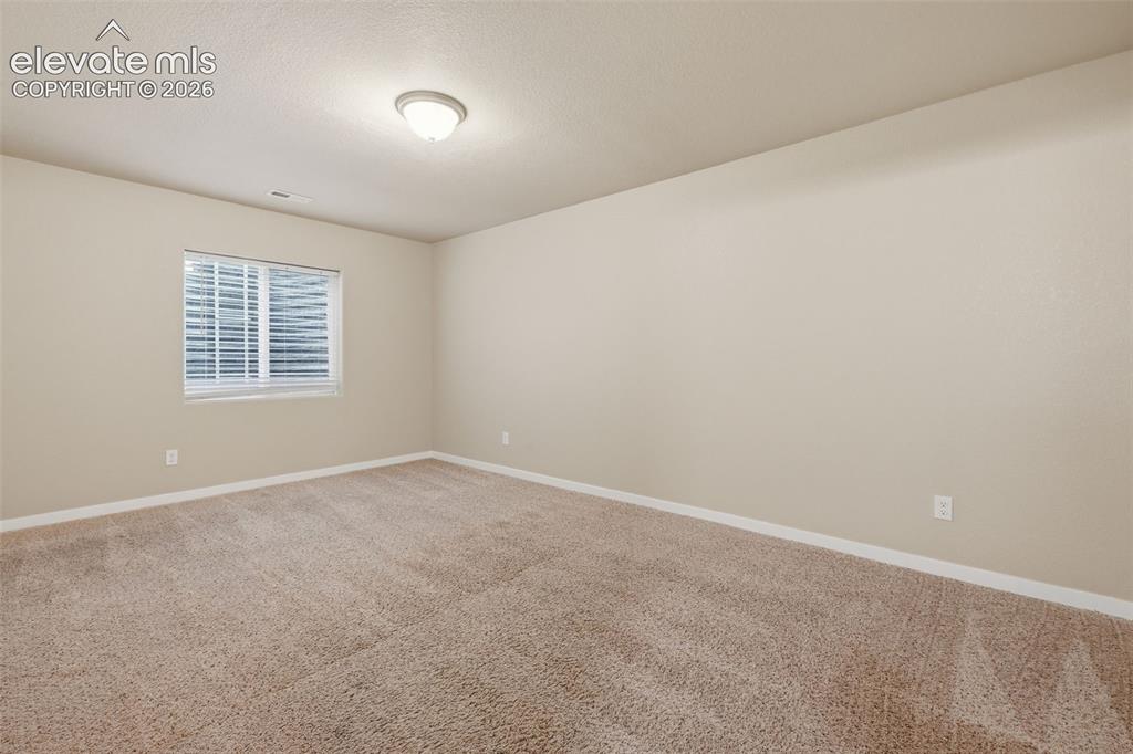 Image 36 of 43: Basement bedroom with neutral carpet and natural light.