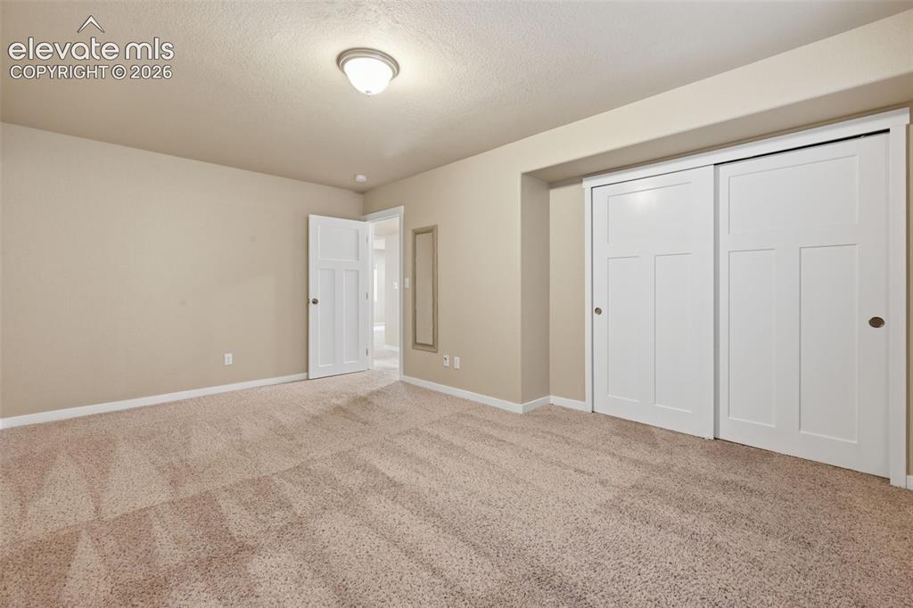 Image 37 of 43: Basement bedroom includes a large closet with sliding panel doors.