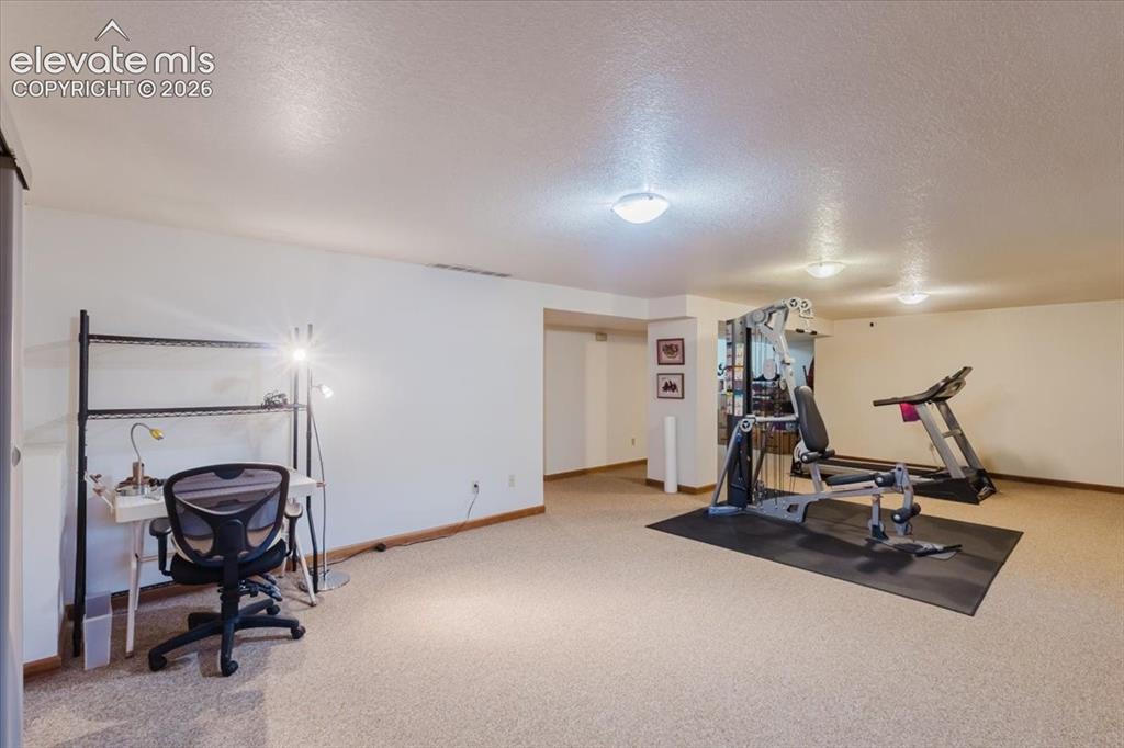 Image 33 of 50: Spacious room with light-colored carpeting, white walls, and built-in ceili