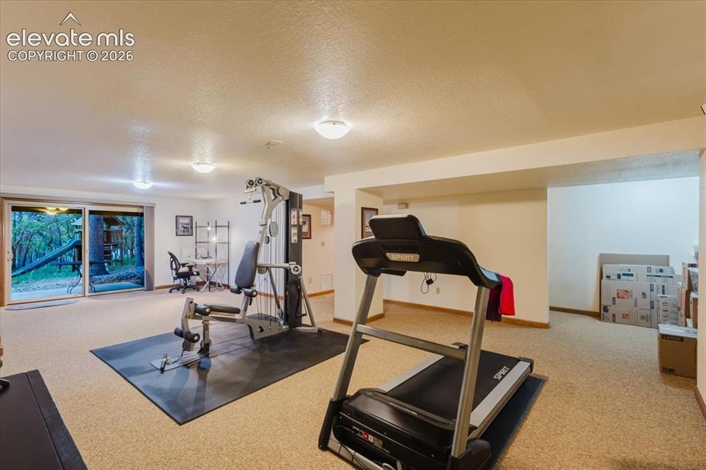 Image 34 of 50: Spacious lower-level room featuring light-colored carpeting, recessed light