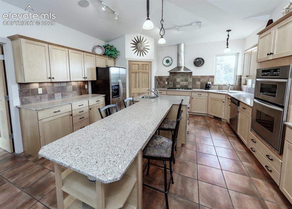 Image 3 of 43: Beautiful bright custom kitchen with vaulted ceiling & track lighting, Larg