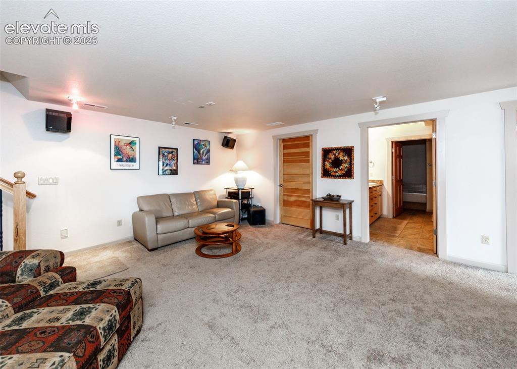 Image 34 of 50: Carpeted living area with white walls and track lighting