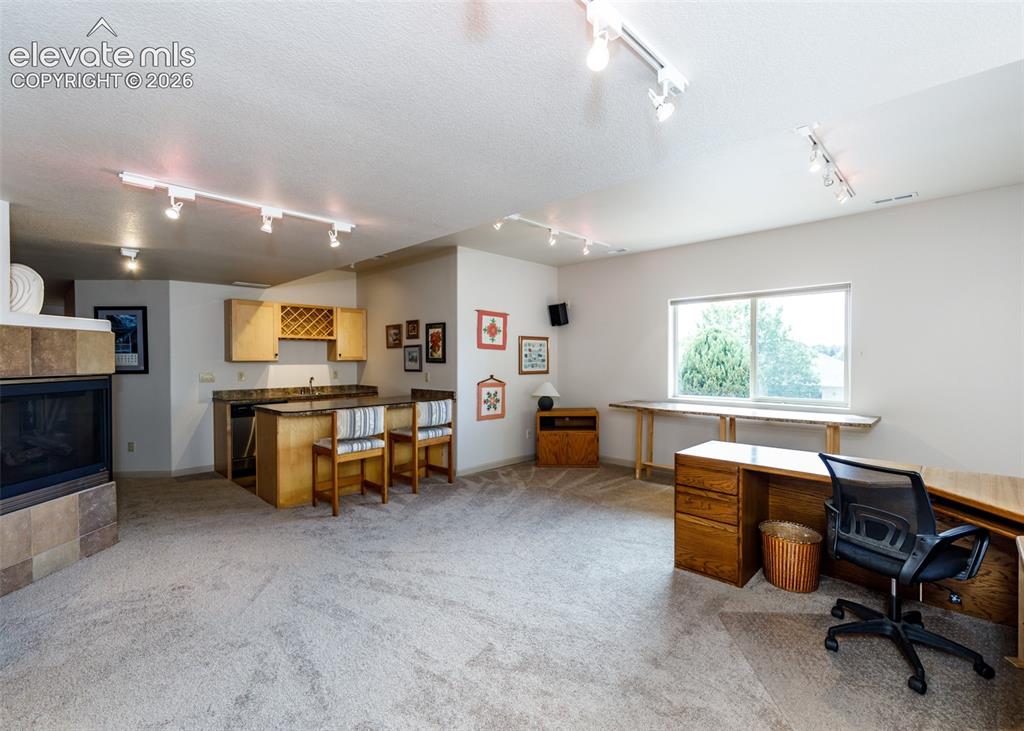 Image 36 of 50: Bright lower level offers 3 sided built-in gas fireplace with stone surroun