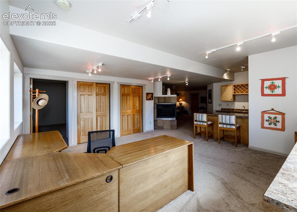 Image 39 of 50: Expansive living area with track lighting, dual wood-finish closets for add