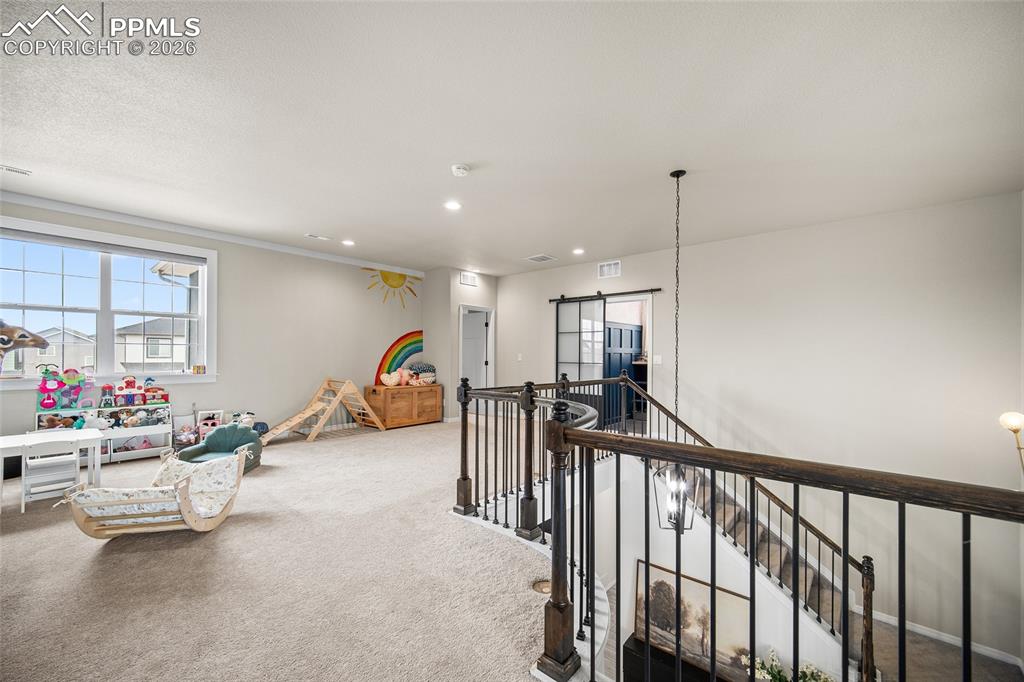 Image 21 of 50: Rec room featuring carpet floors, a healthy amount of sunlight, a barn door