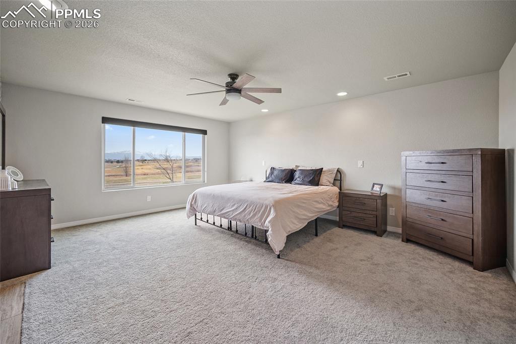 Image 27 of 50: Bedroom with visible vents, baseboards, a ceiling fan, and carpet flooring