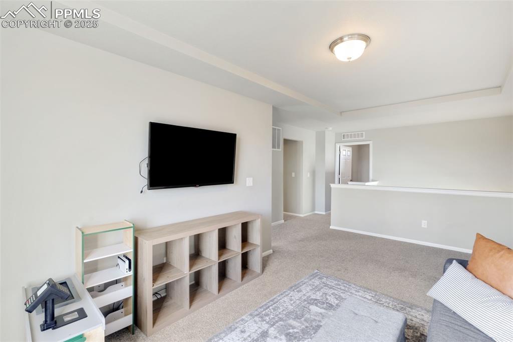Image 16 of 39: Unfurnished living room featuring carpet floors and a tray ceiling
