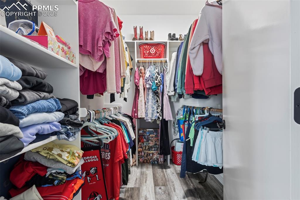 Image 43 of 49: Walk in closet with wood finished floors
