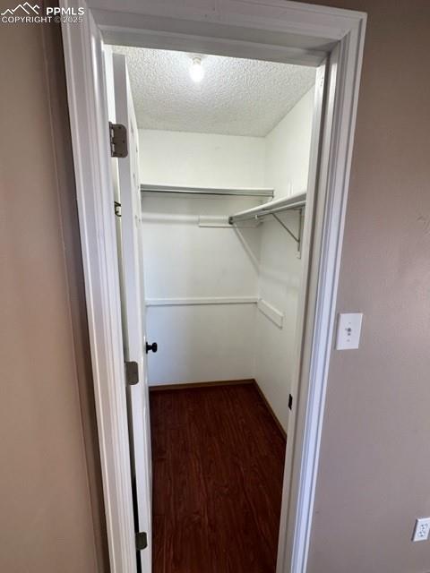 Image 16 of 24: Walk in closet with dark wood-style floors