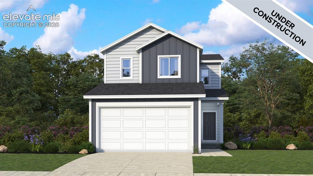 Caption: Two-story exterior featuring horizontal lap siding, vertical board-and-batten siding, a dual-paneled