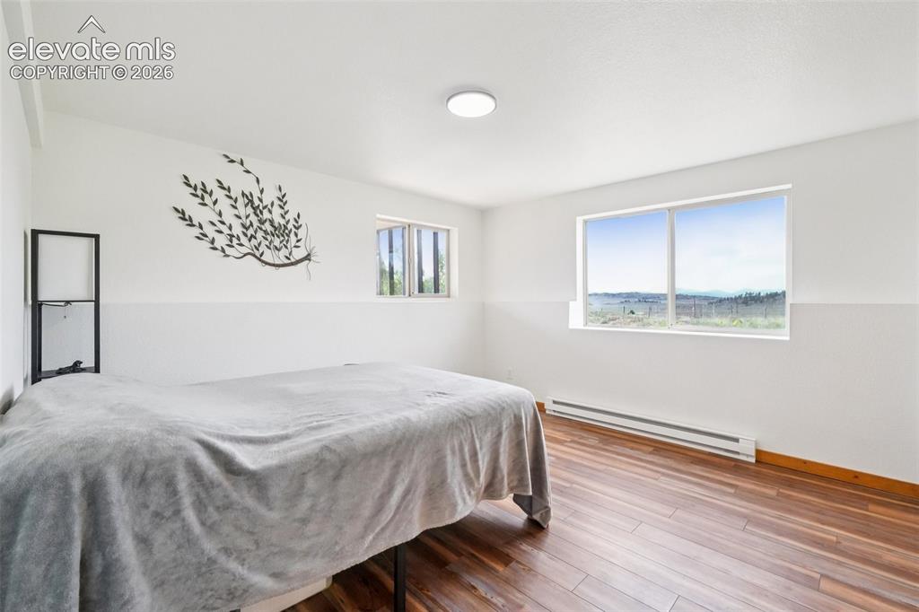 Image 24 of 33: Spacious bedroom featuring wood-finish flooring, white painted walls, and a