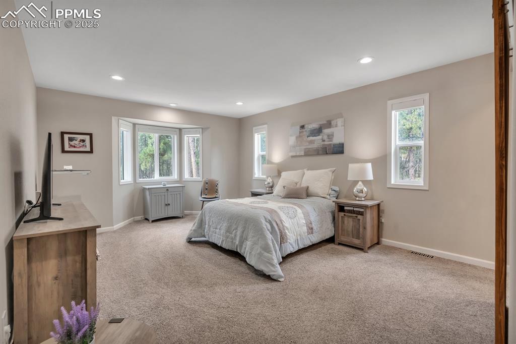 Image 19 of 50: Bedroom with multiple windows, light colored carpet, and recessed lighting