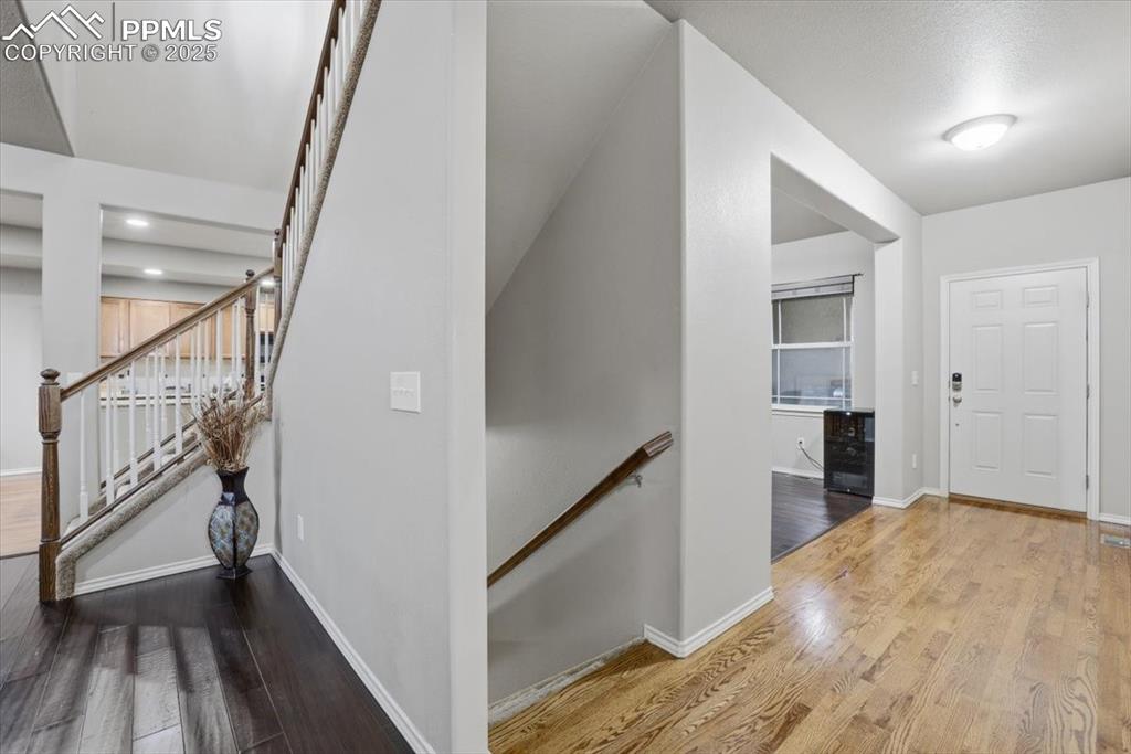 Image 22 of 50: The stair well to the basement level is off the entry. The stairs going to 