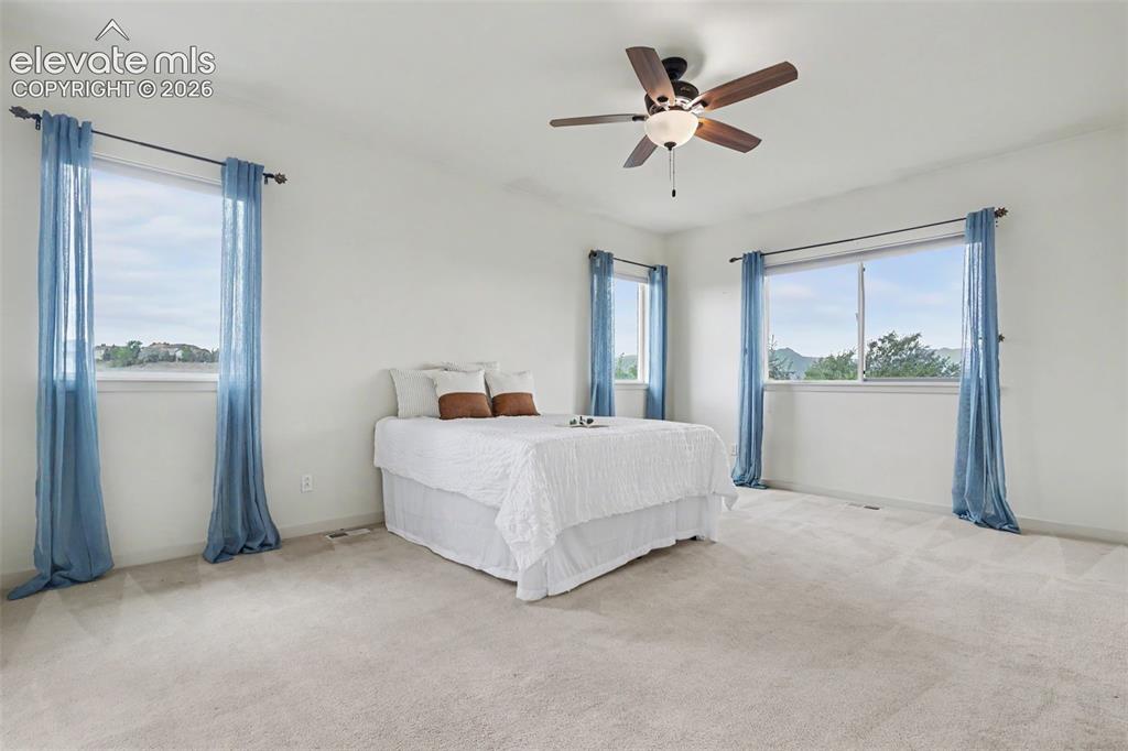 Image 15 of 47: Carpeted room featuring multiple windows with natural light, a ceiling fan