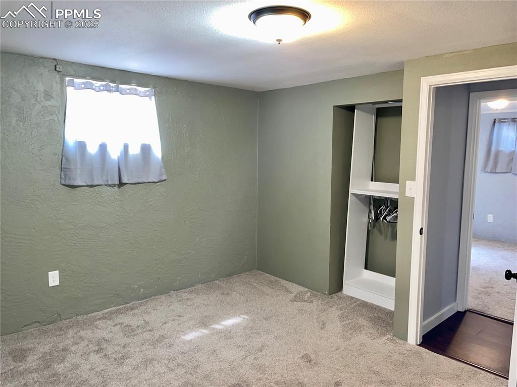 Image 23 of 23: Unfurnished bedroom with a textured wall, carpet flooring, and a textured c
