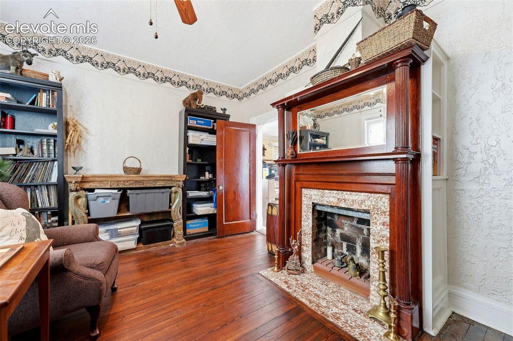 Image 6 of 35: Wood-finish flooring, built-in shelving, wood door, and a fireplace with a 