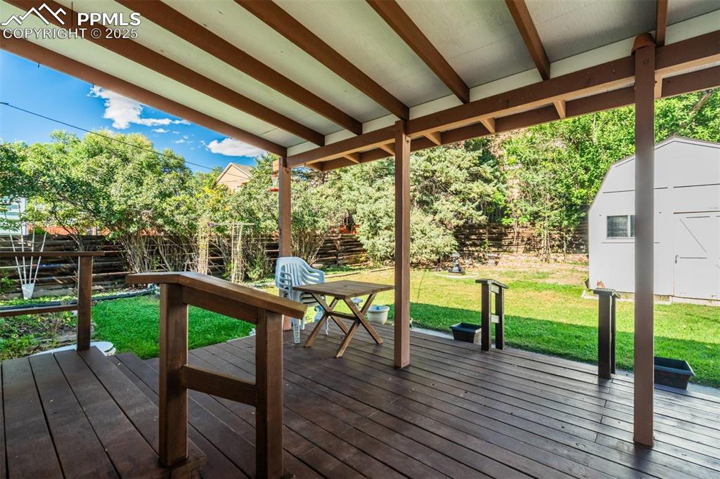 Image 36 of 47: Wooden deck featuring a fenced backyard and a shed