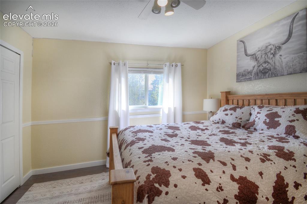 Image 20 of 26: 2nd upper level bedroom with LVP flooring and lighted ceiling fan.