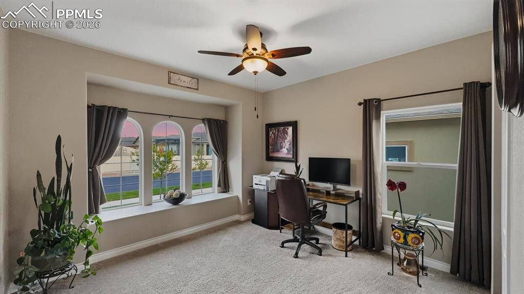 Image 14 of 50: Main Level Bedroom #1 - currently an office with neutral carpet, lighted ce