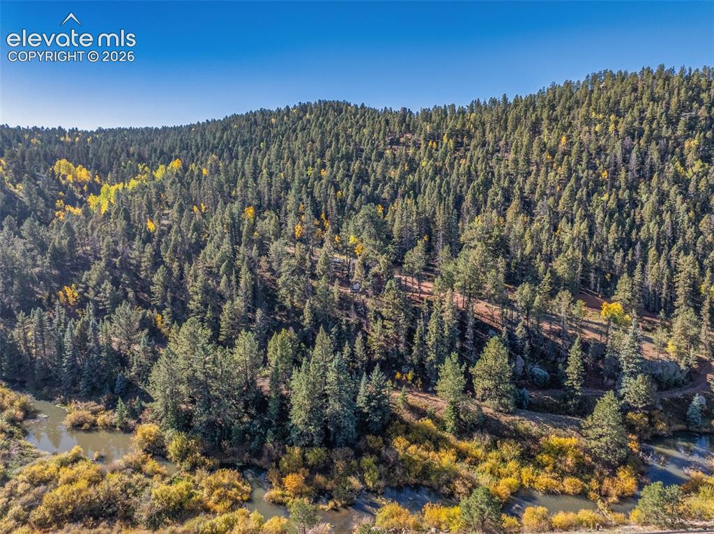 Image 15 of 50: Dense evergreen and deciduous tree coverage, natural waterway, varying topo