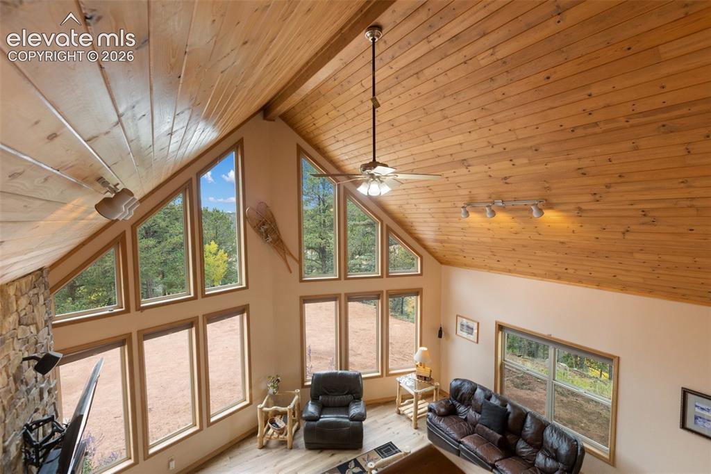 Image 23 of 50: Vaulted wood-paneled ceilings, a stone accent wall, and a full wall of wind