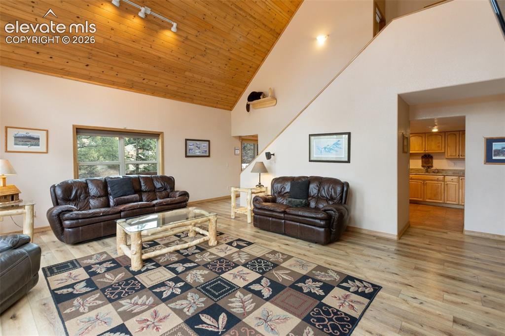 Image 24 of 50: Vaulted wood-paneled ceiling, track lighting, wood-finish flooring, and an