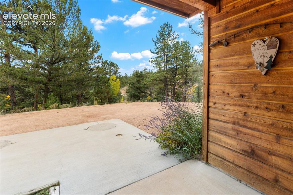 Image 40 of 50: Concrete patio with natural wood siding and expansive natural surroundings