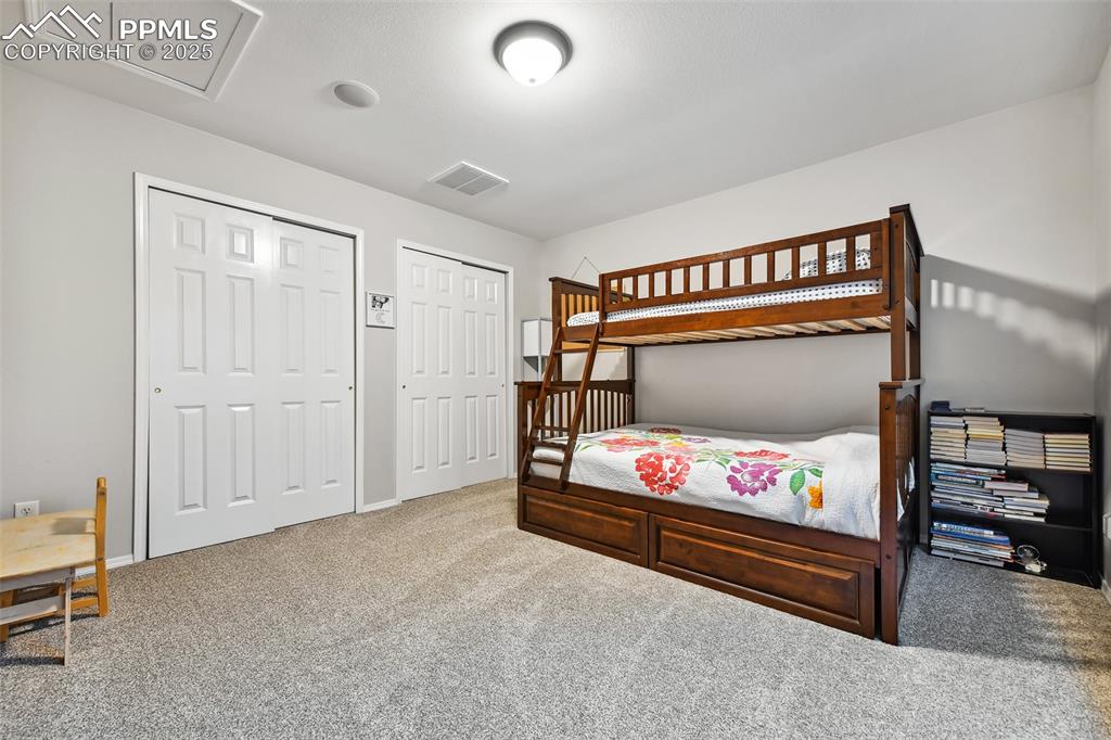 Image 26 of 47: Carpeted bedroom with two closets and baseboards