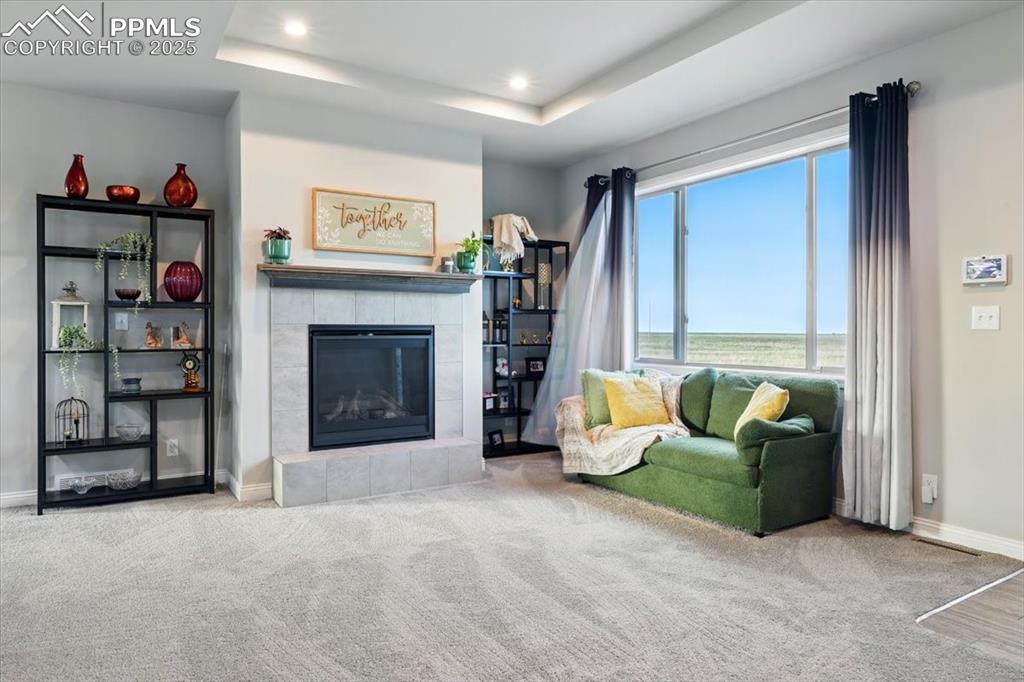 Image 5 of 30: Living area featuring a tray ceiling, a fireplace, baseboards, carpet, and 