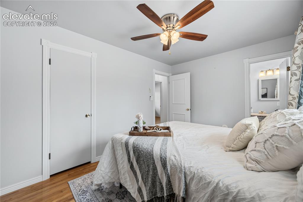 Image 11 of 25: Primary bedroom featuring wood-finish flooring, a ceiling fan with light fi