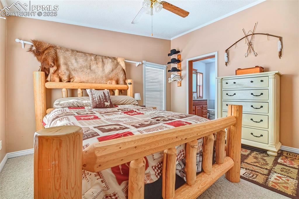 Image 21 of 29: Master Bedroom Off Kitchen with Vaulted Ceilings, Ceiling Fan and Bathroom