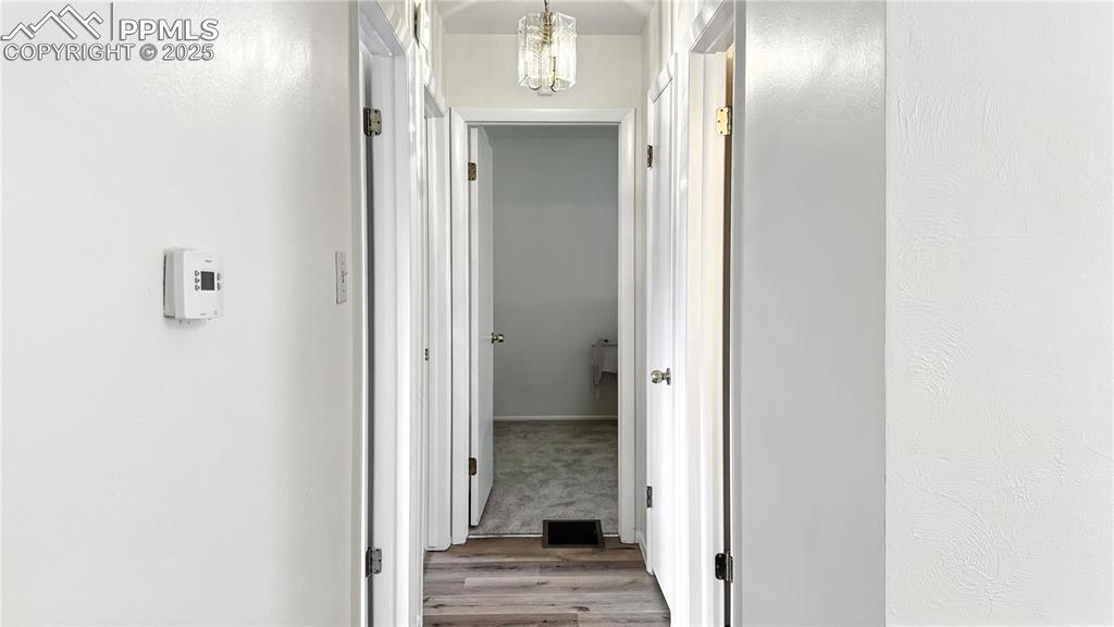 Image 16 of 50: Luxury plank vinyl flooring continues down the main level hallway to the be
