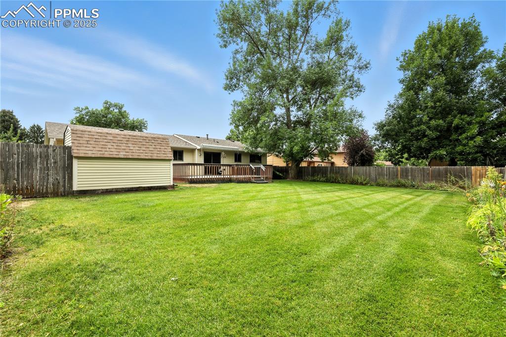 Image 40 of 50: Fenced backyard featuring a shed, low maintenance deck and a huge yard!