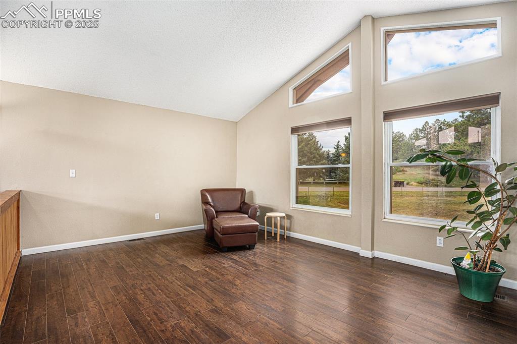 Image 3 of 31: Living area featuring vaulted ceiling, wood finished floors, and a textured