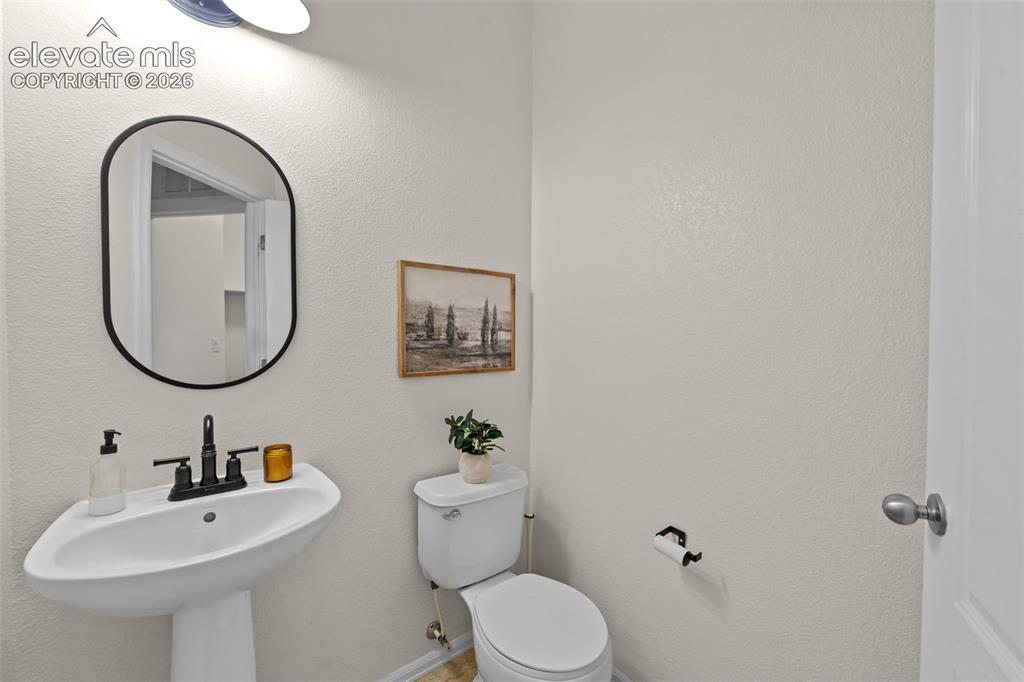 Image 19 of 33: Pedestal sink with matte black faucet, oval black-framed mirror, and a cont