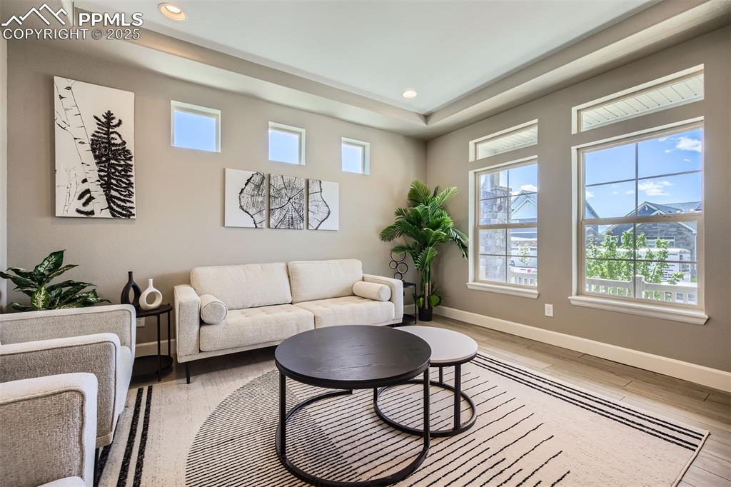 Image 6 of 30: Front Living Room with Tray Ceilings opens to formal dining area