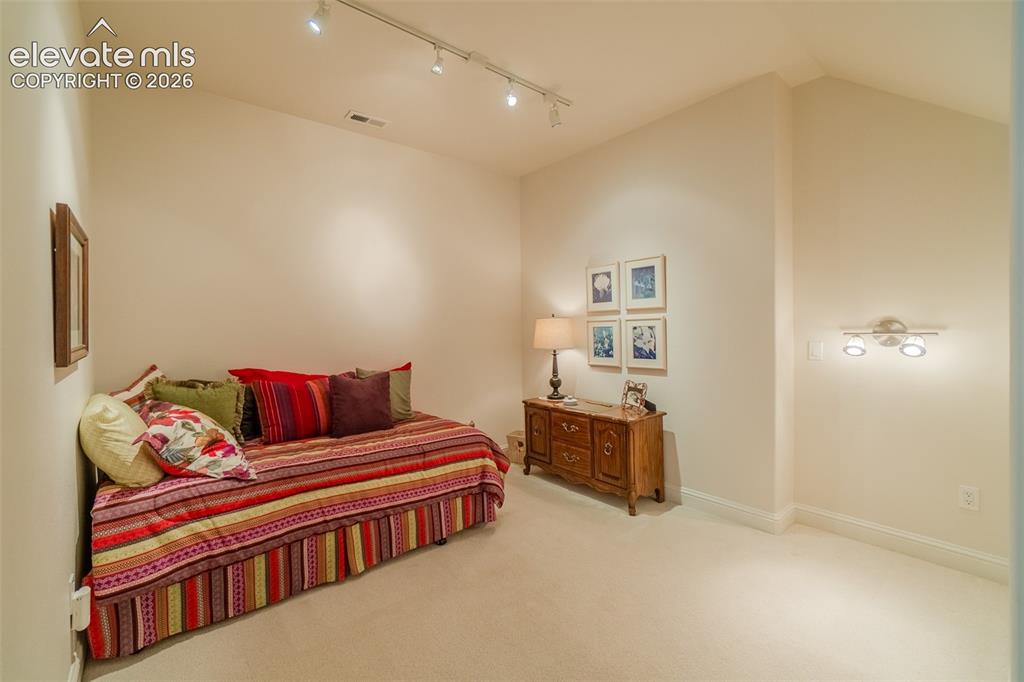 Image 38 of 47: Carpeted room featuring a neutral color palette, track lighting, and a wall