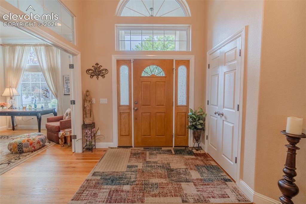 Image 4 of 47: Grand entryway featuring a light wood-finish door with an arched transom wi