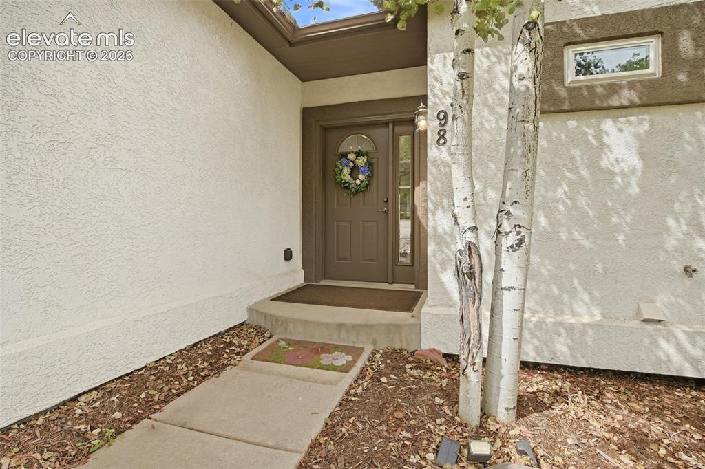 Image 4 of 49: Textured stucco exterior with a brown entry door, transom, and concrete wal