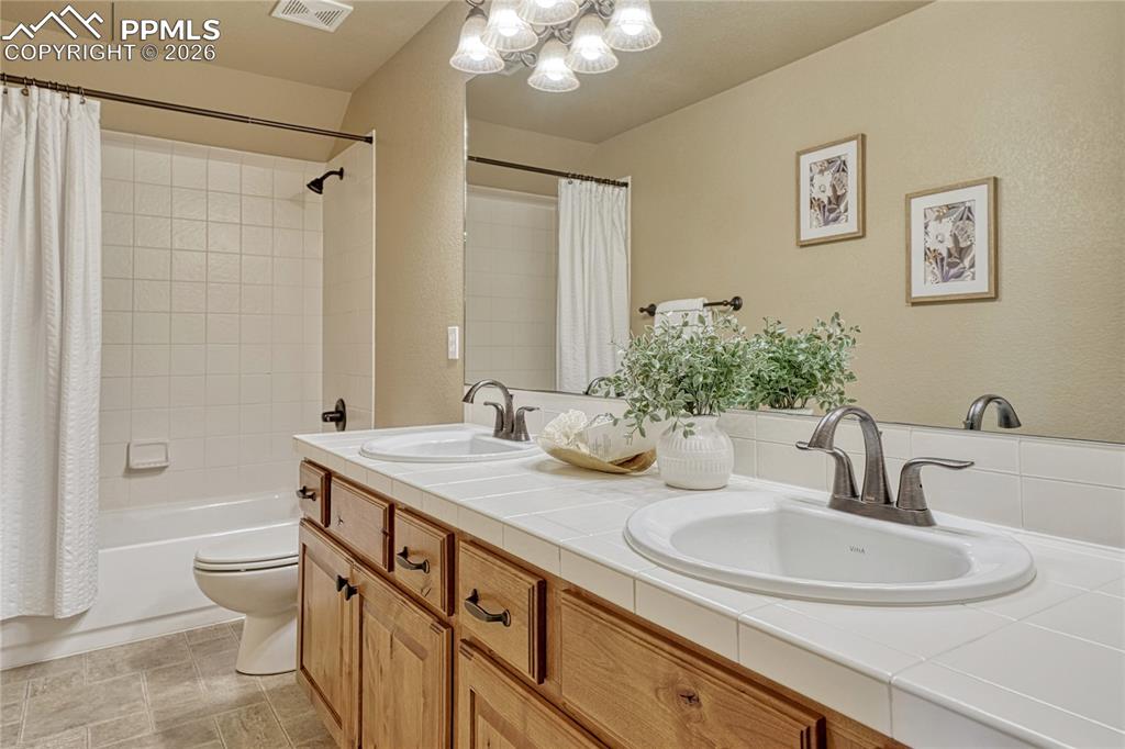 Image 36 of 50: The full basement bathroom is thoughtfully designed with a large dual sink 