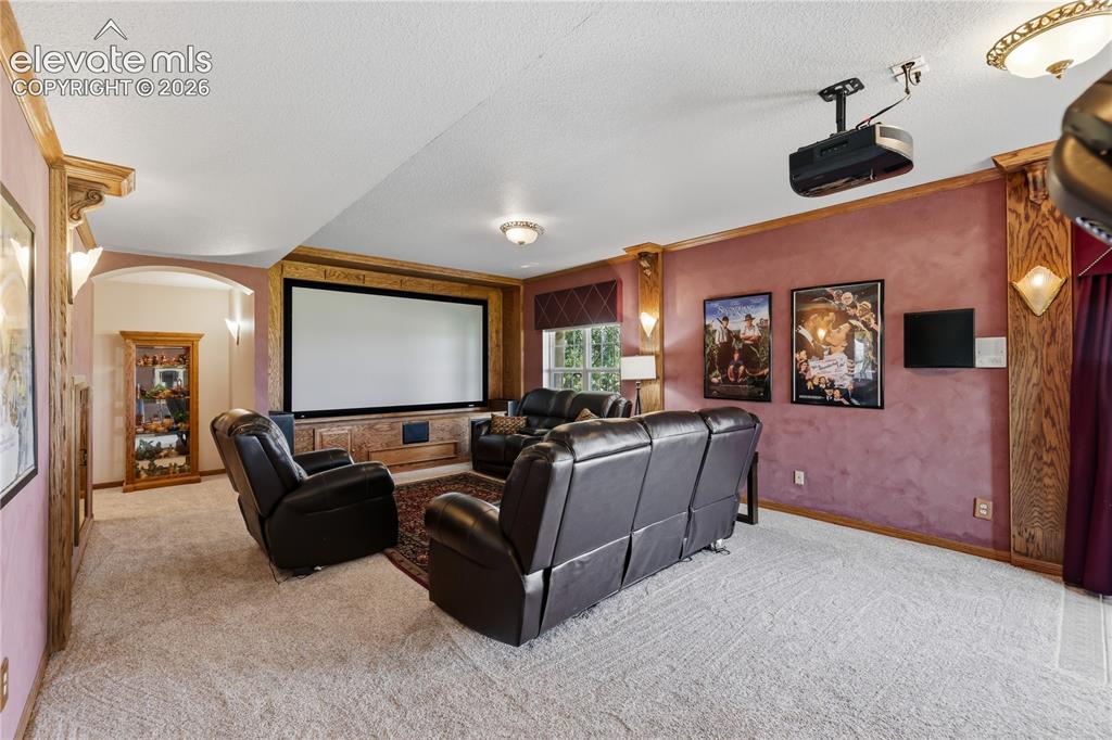 Image 32 of 49: Dedicated media room with a large projection screen and ceiling-mounted pro