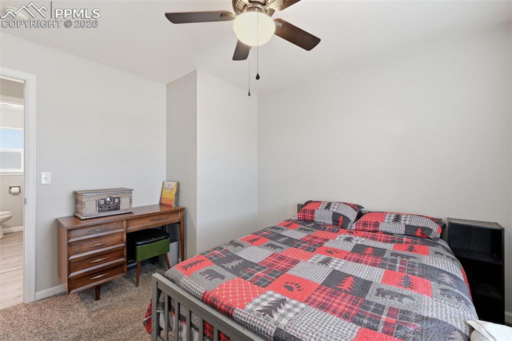 Image 17 of 28: Carpeted room featuring light gray wall paint and a ceiling fan with light 