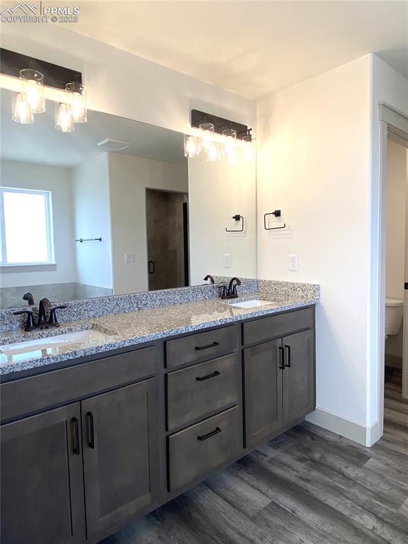 Image 19 of 35: Bathroom featuring double vanity, dark wood-style flooring, and a stall sho