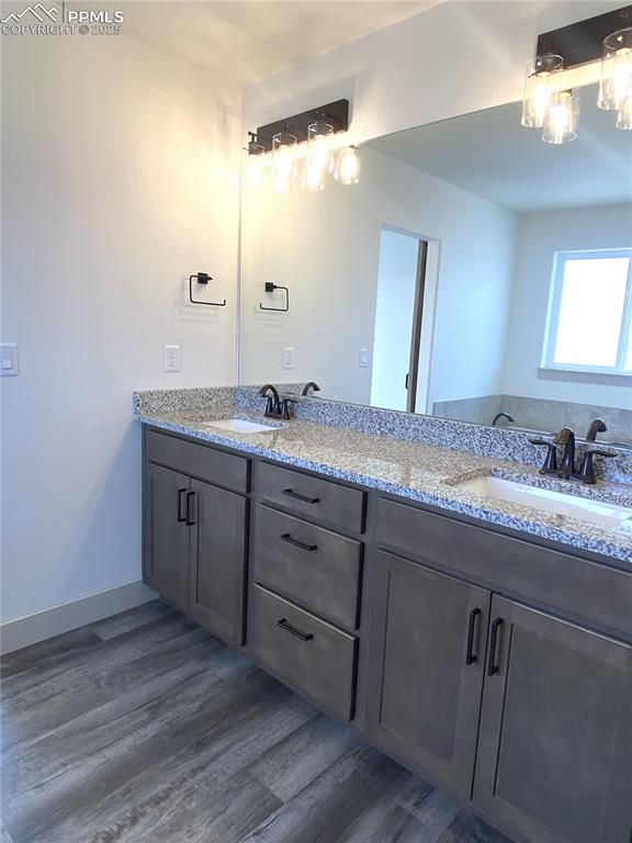 Image 20 of 35: Full bathroom featuring double vanity and dark wood finished floors