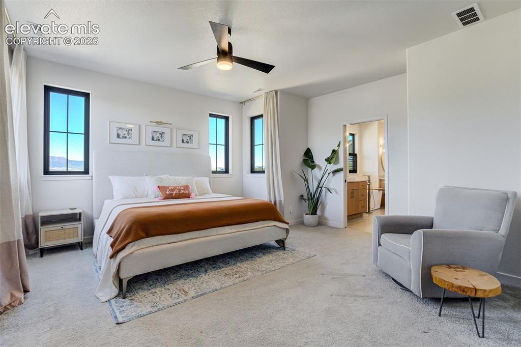 Image 24 of 50: Spacious bedroom featuring light-colored carpeting, multiple windows with b