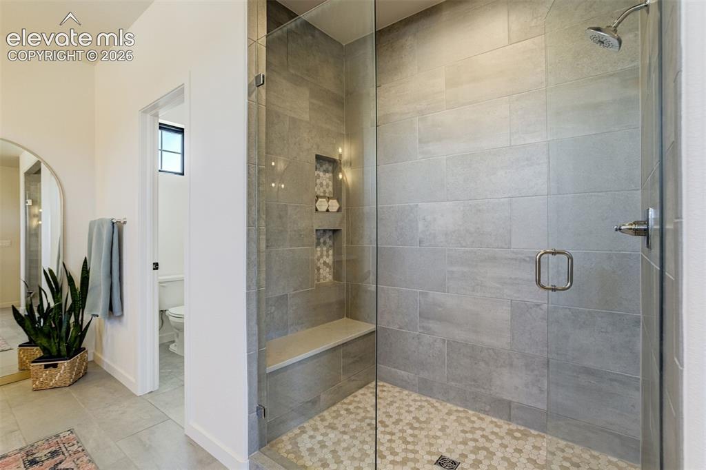 Image 30 of 50: Glass-enclosed shower featuring large format tile walls and a hexagonal til