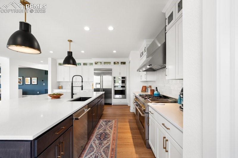 Image 17 of 49: Kitchen featuring a sink, high end appliances, light countertops, white cab