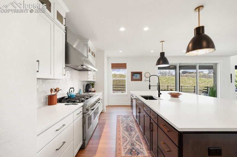 Image 18 of 49: Kitchen with stainless steel appliances, a sink, wood finished floors, ligh