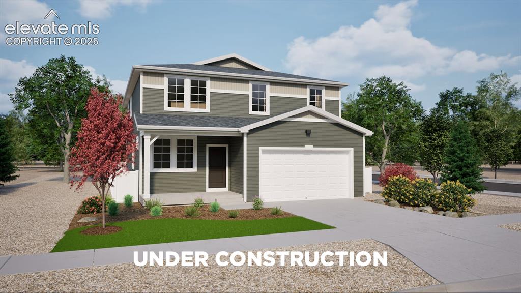 Caption: Two-story residence featuring a gray and beige facade with white trim